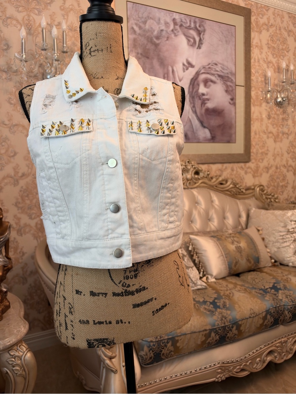 Material Girl White Studded Denim Vest Jacket - Women's Sleeveless vest